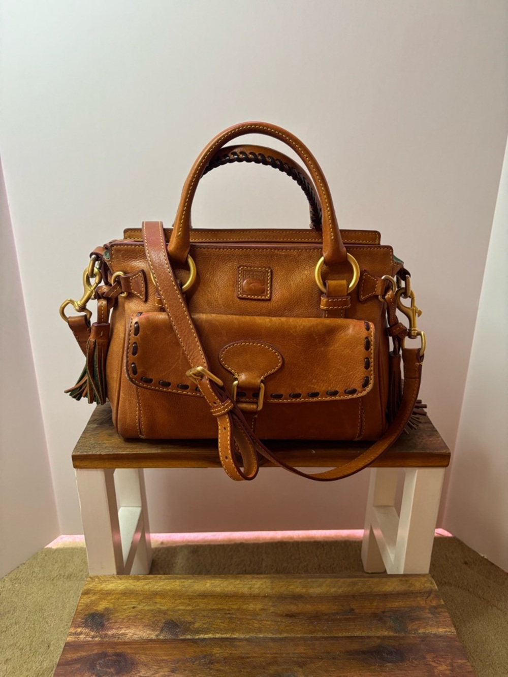 Dooney & Bourke Cognac Brown Leather Satchel with Brass Hardware